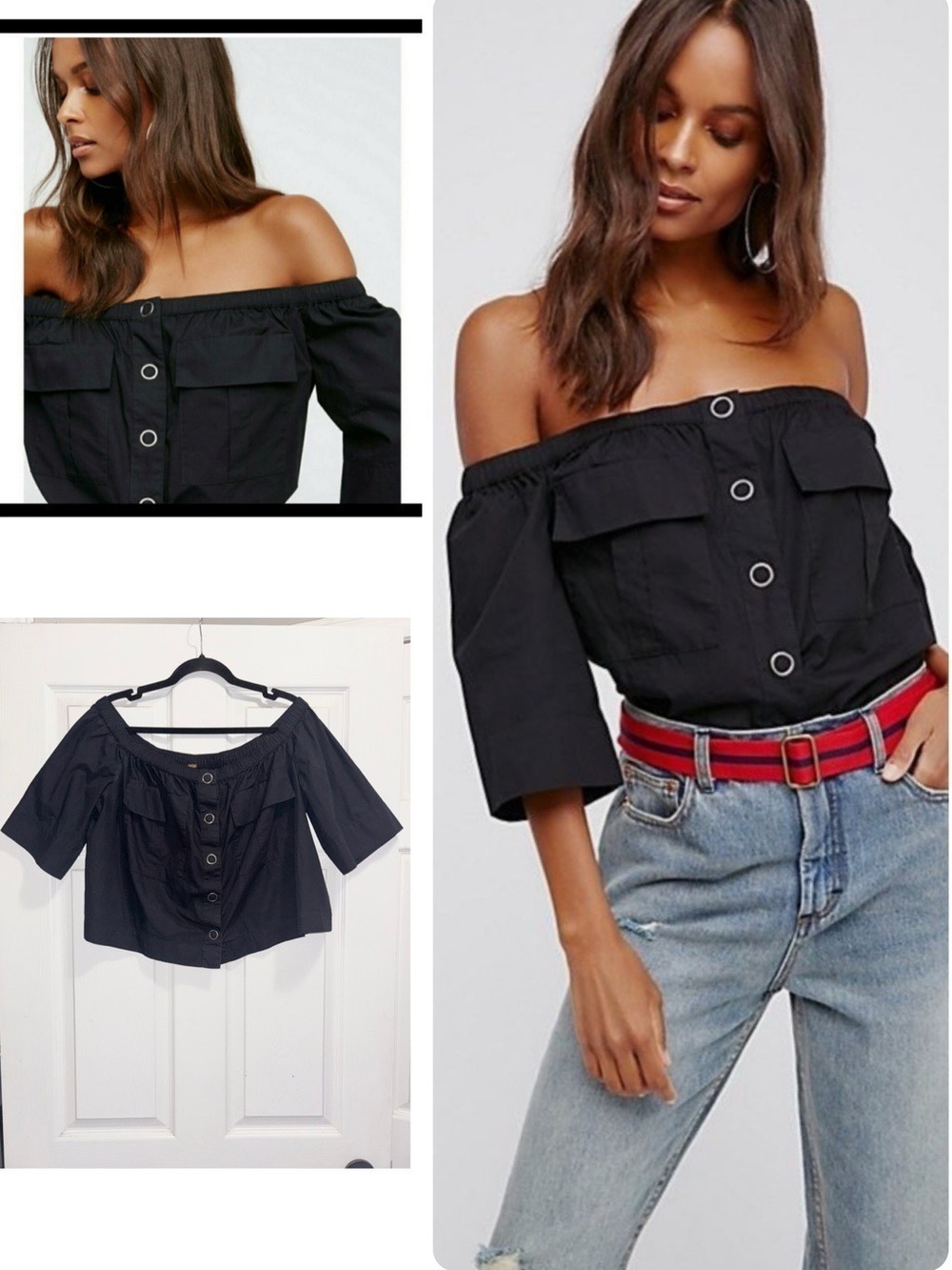 Free People Head Over Heels Off the Shoulder Top Blouse Black Cotton Size Large